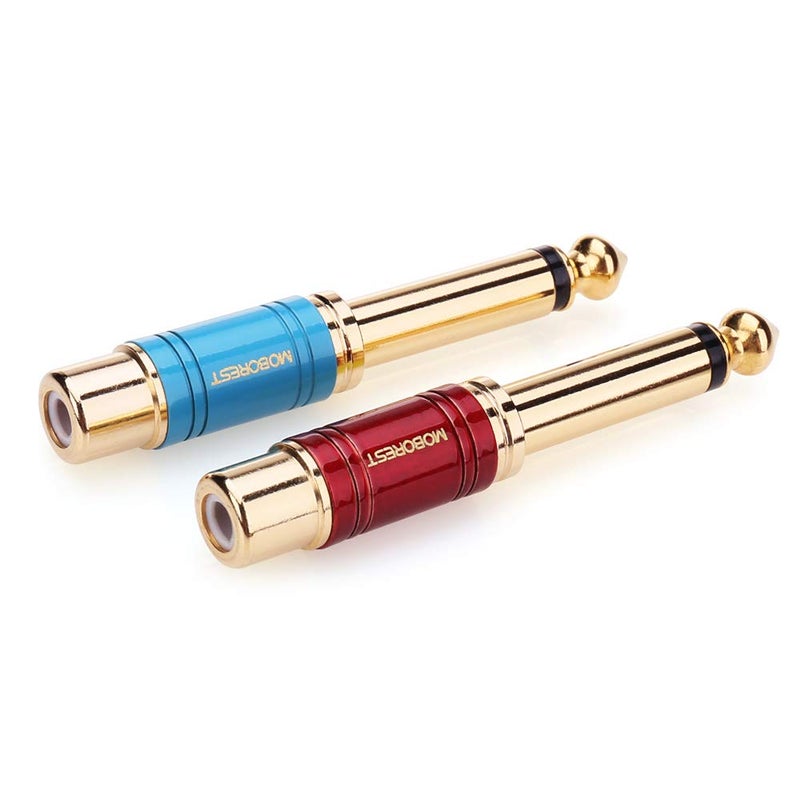 MOBOREST 1/4" Male to RCA Female Audio Adaptor - Pure Copper, 6.35mm Mono Plug TS, Color Paint Adapter Coupler, (1Red+1Blue) - Image 2